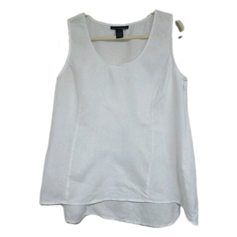 Grace Elements Sz L 100% Linen White Sleeveless Flowy Beach Business Top